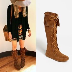 Minnetonka Knee High Suede Fringe Moccasin